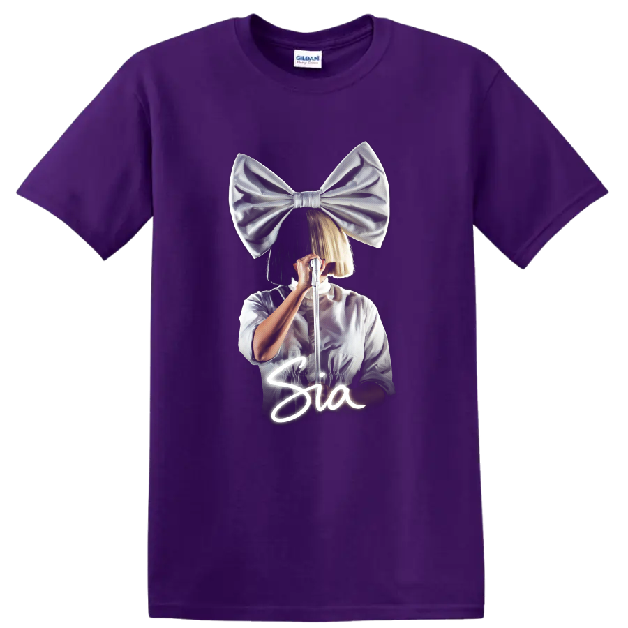 Sia-inspired pop singer with oversized bow and microphone graphic on a Purple T Shirt
