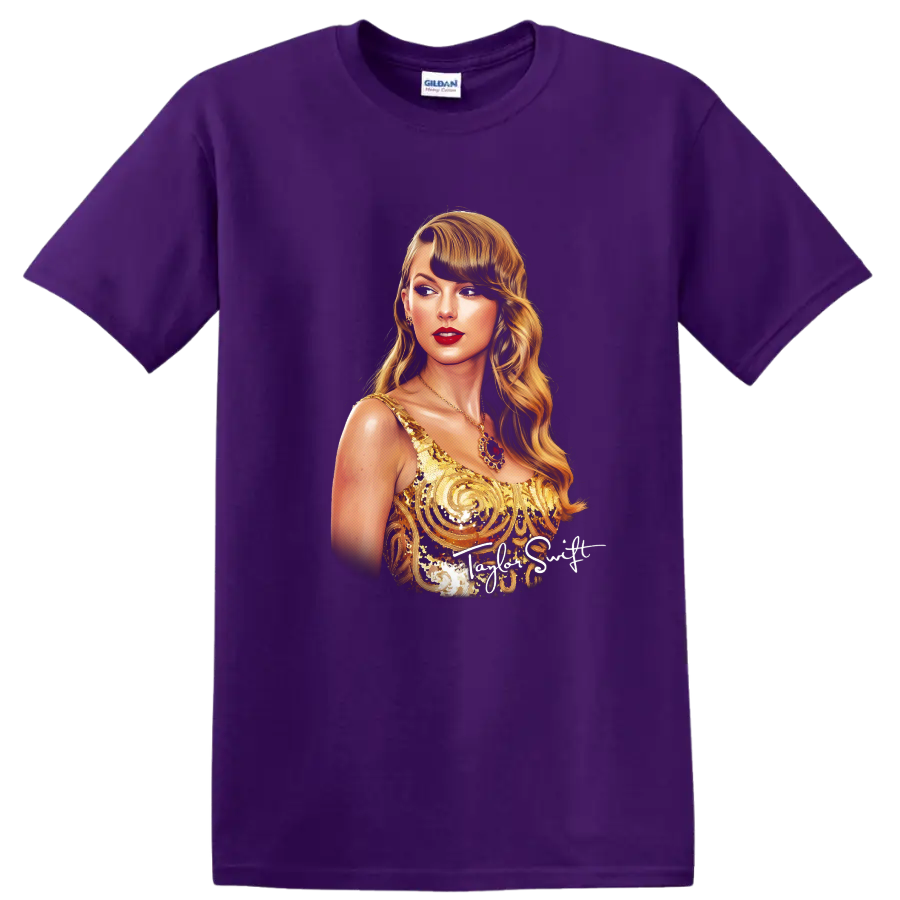 Taylor Swift Fearless era gold dress digital portrait with Taylor Swift text on a Purple T Shirt