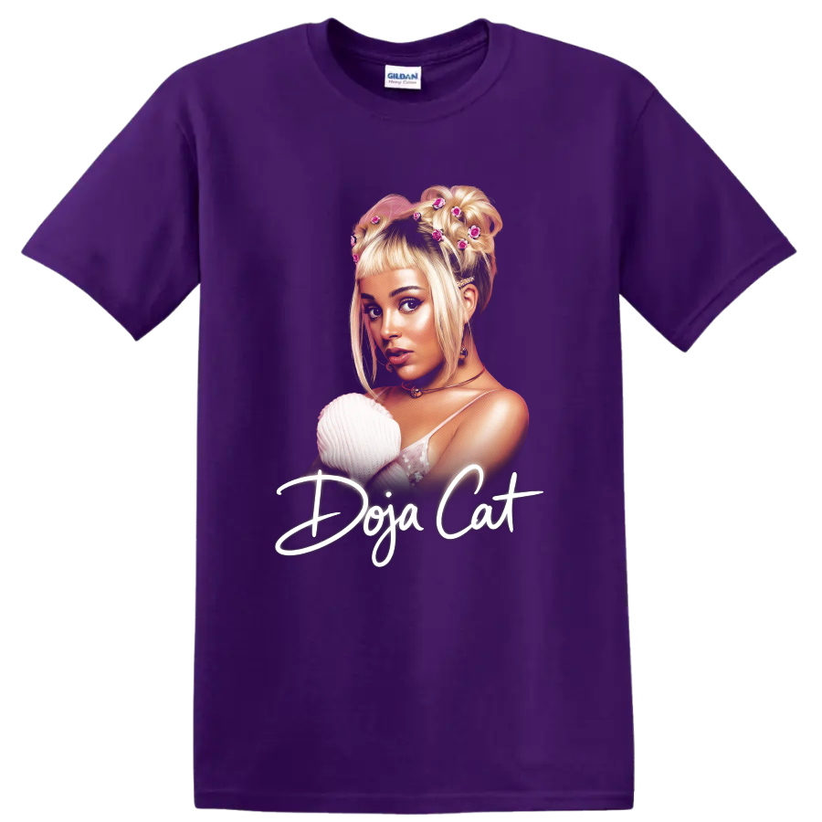 Doja Cat Y2K digital portrait with floral hair details and script text on a Purple T Shirt