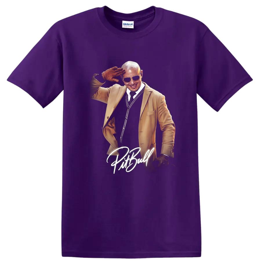 Pitbull GTA-inspired illustrated portrait with handwritten name on a Purple T Shirt