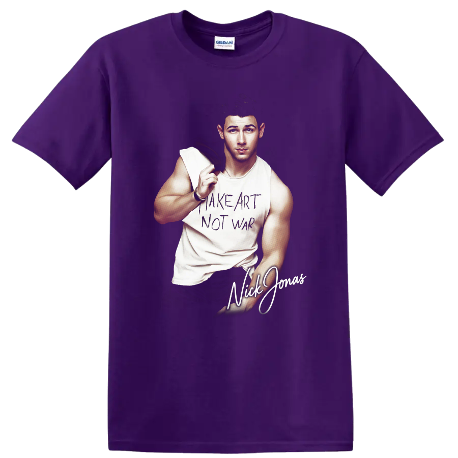 Nick Jonas FHM China portrait with Make Art Not War graphic on a Purple T Shirt