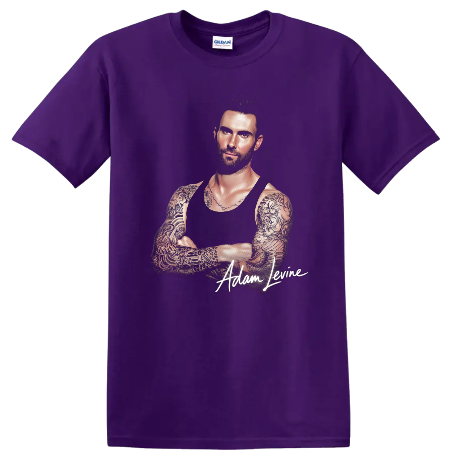 Adam Levine tattoo portrait with signature graphic on a Purple T Shirt