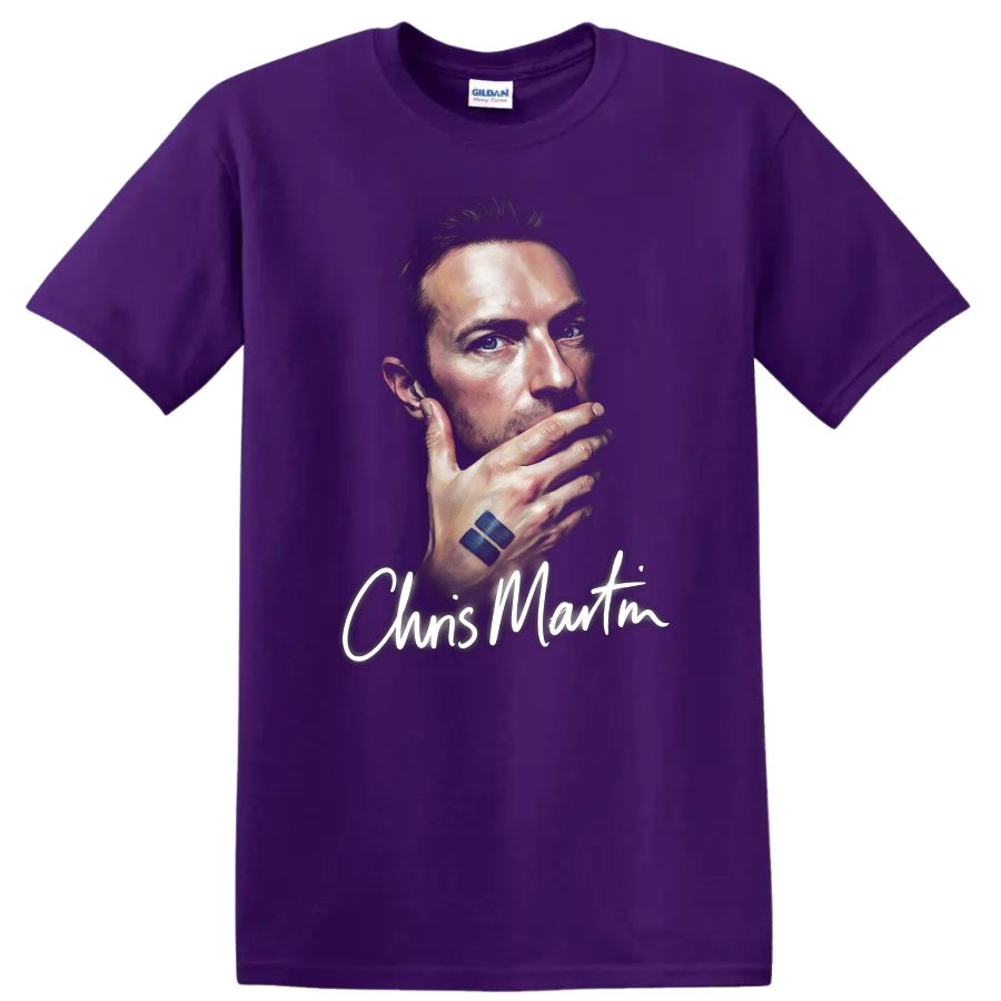 Chris Martin portrait graphic print with handwritten name lettering on a Purple T Shirt