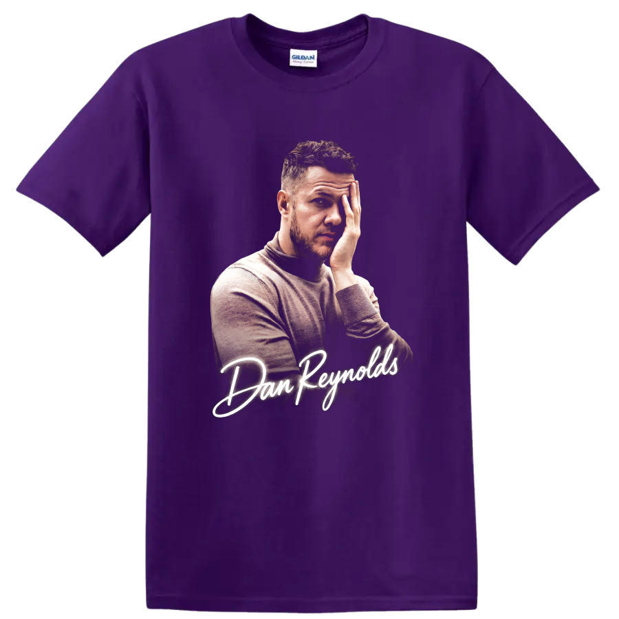 Dan Reynolds portrait with white script lettering on a Purple T Shirt
