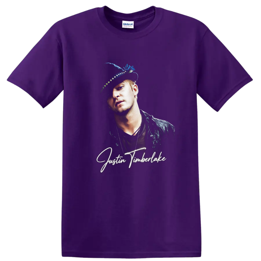 Justin Timberlake portrait graphic with white signature-style lettering on a Purple T Shirt