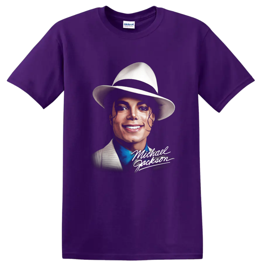 Michael Jackson Smooth Criminal pop art portrait with signature lettering on a Purple T Shirt