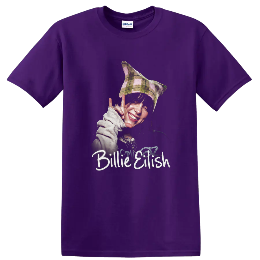 Billie Eilish smiling portrait with plaid hat and hand-lettered name on a Purple T Shirt
