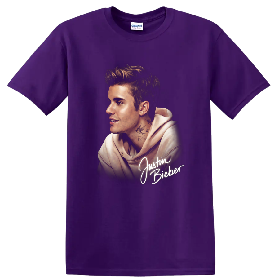 Justin Bieber side-profile portrait graphic with white script lettering on a Purple T Shirt