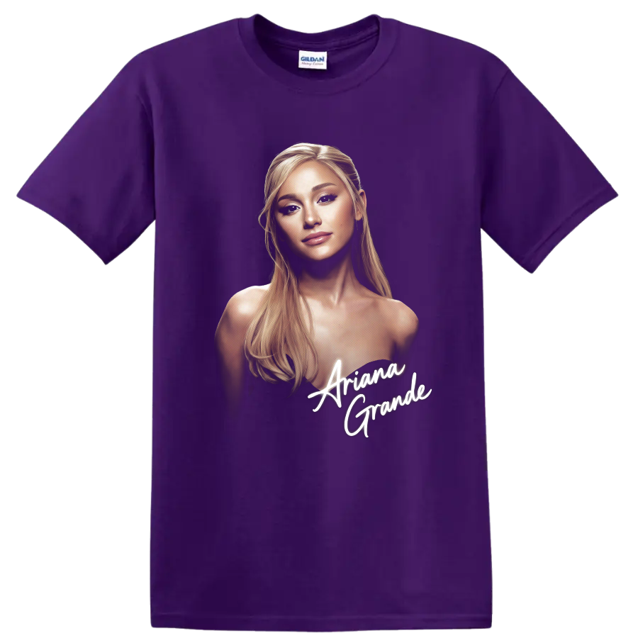 Ariana Grande digital portrait fan art with white script lettering on a Purple T Shirt
