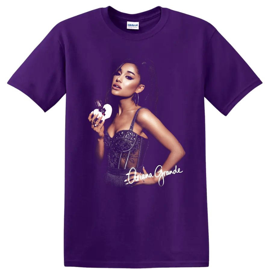 Ariana Grande fragrance-themed beauty portrait fan art with white script on a Purple T Shirt