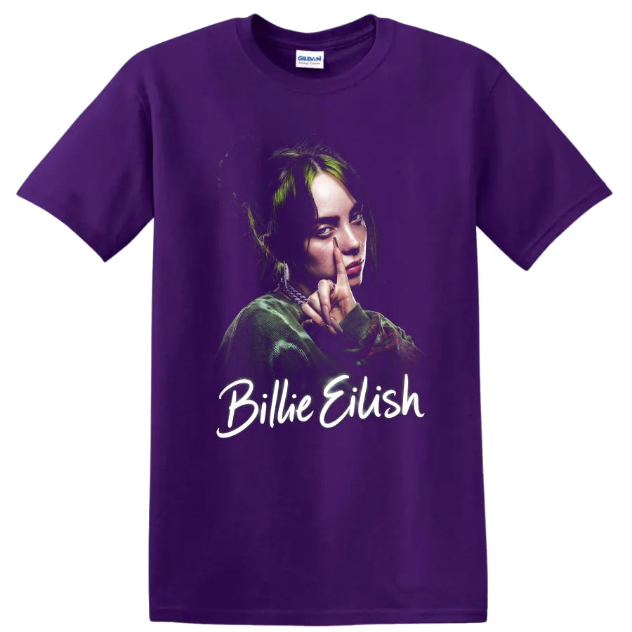 Billie Eilish portrait fan art with green hair and script lettering on a Purple T Shirt