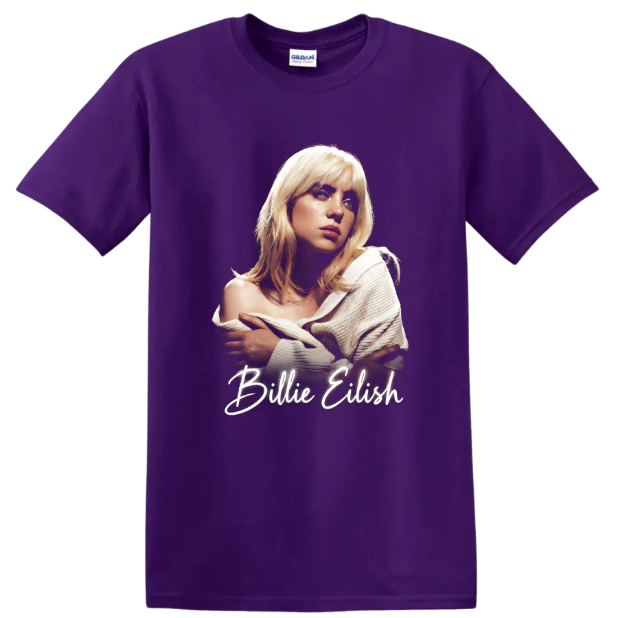 Billie Eilish pop-art portrait with handwritten name lettering on a Purple T Shirt