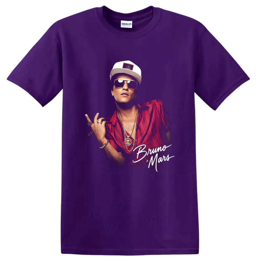 Bruno Mars portrait graphic with red shirt, sunglasses, and script text on a Purple T Shirt