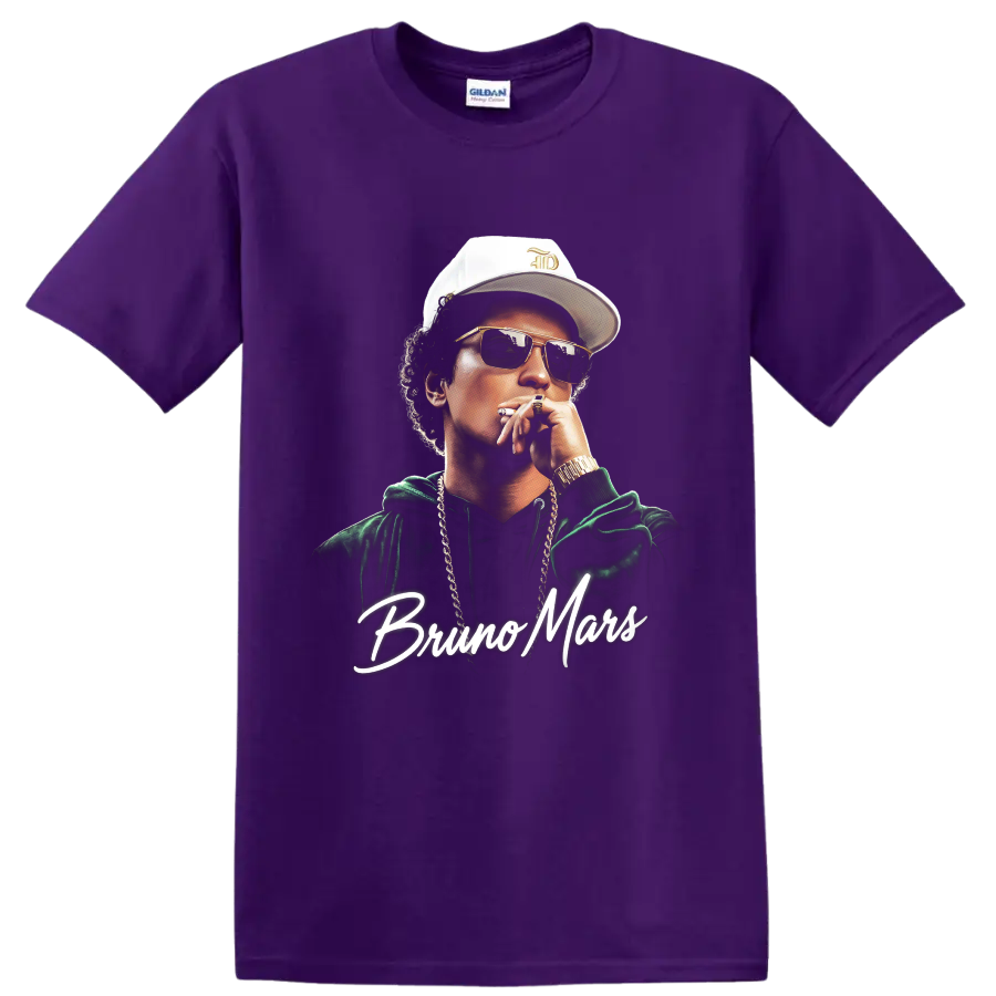 Bruno Mars pop-art portrait with sunglasses and script name lettering on a Purple T Shirt