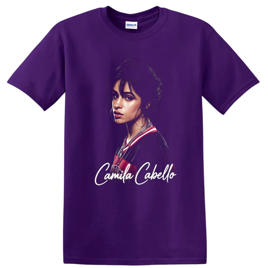 Camila Cabello digital fan portrait with white script lettering on a Purple T Shirt