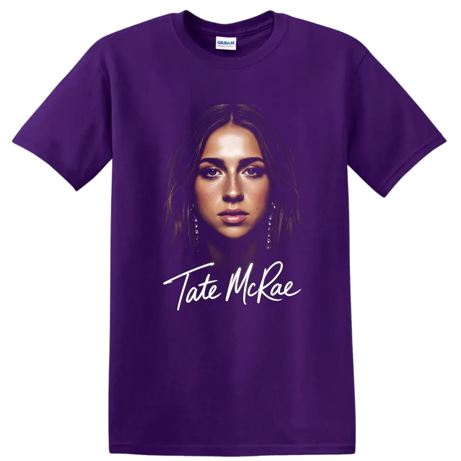 Tate McRae portrait digital fan art with white script lettering on a Purple T Shirt