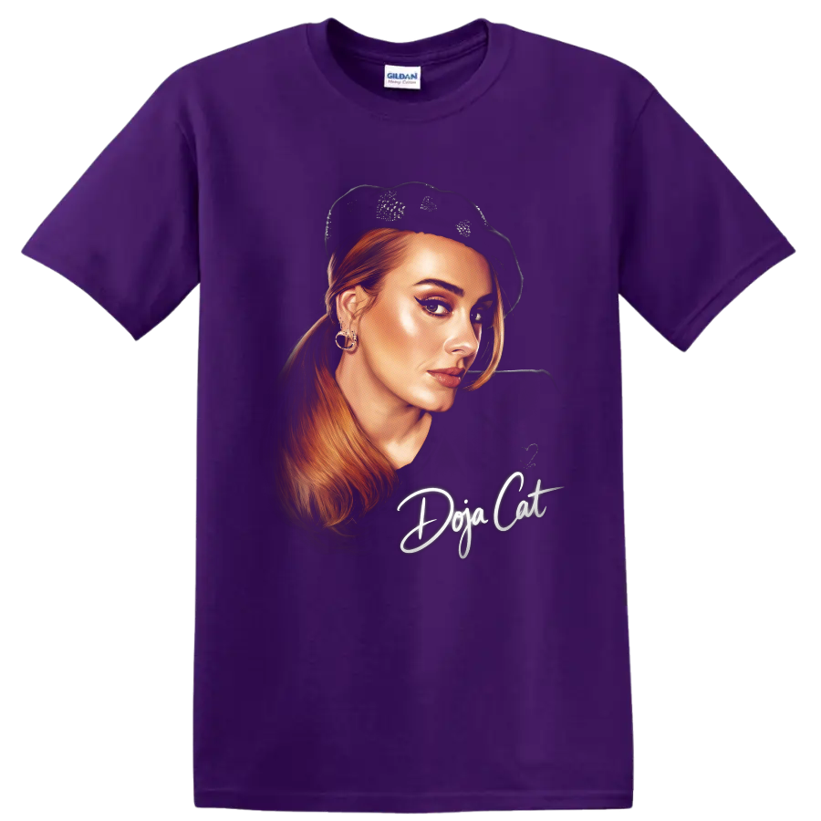 Doja Cat digital portrait with red hair, black beret, and script lettering on a Purple T Shirt