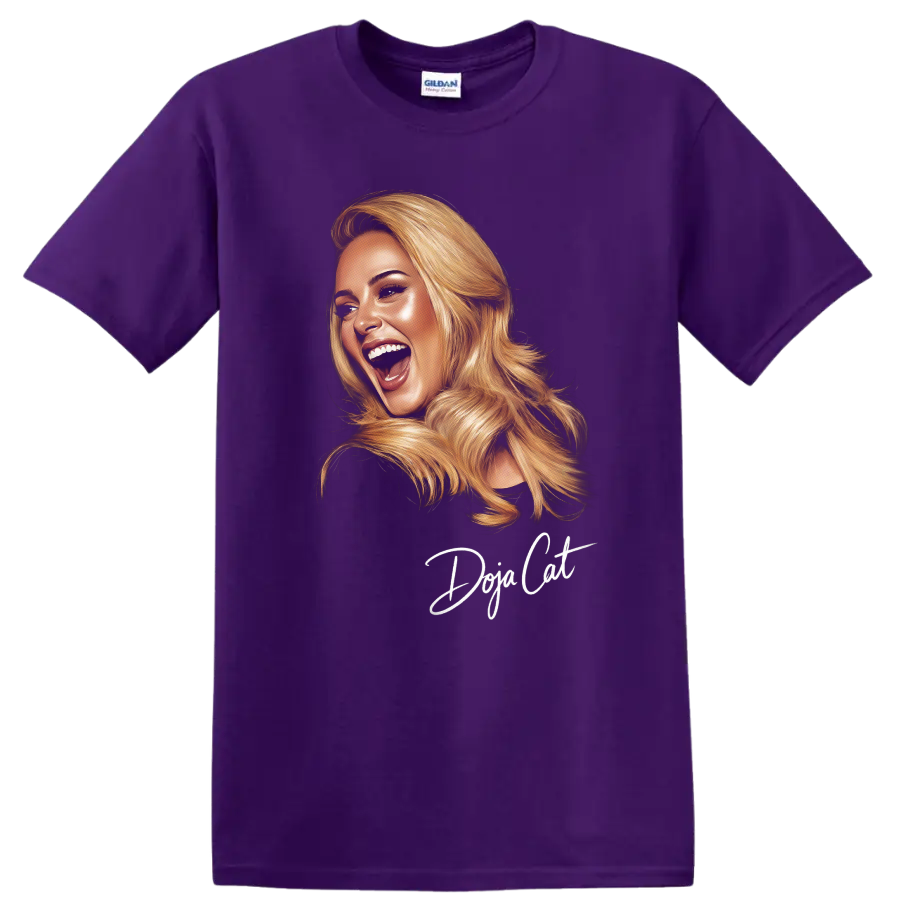 Doja Cat digital portrait with blonde hair and handwritten name lettering on a Purple T Shirt