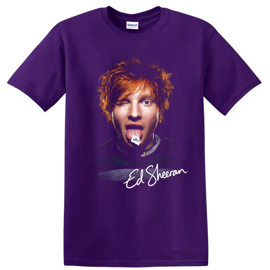 Ed Sheeran mixed-media portrait with signature-style name graphic on a Purple T Shirt