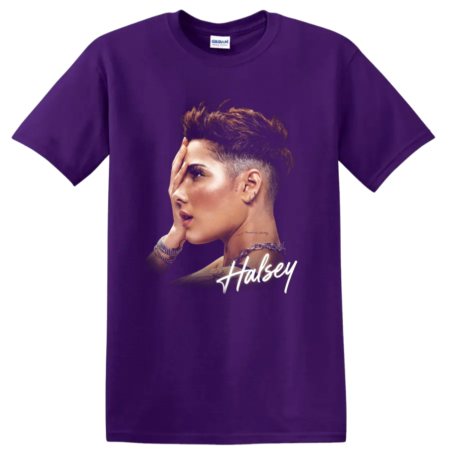 Halsey singer portrait graphic print with white signature lettering on a Purple T Shirt
