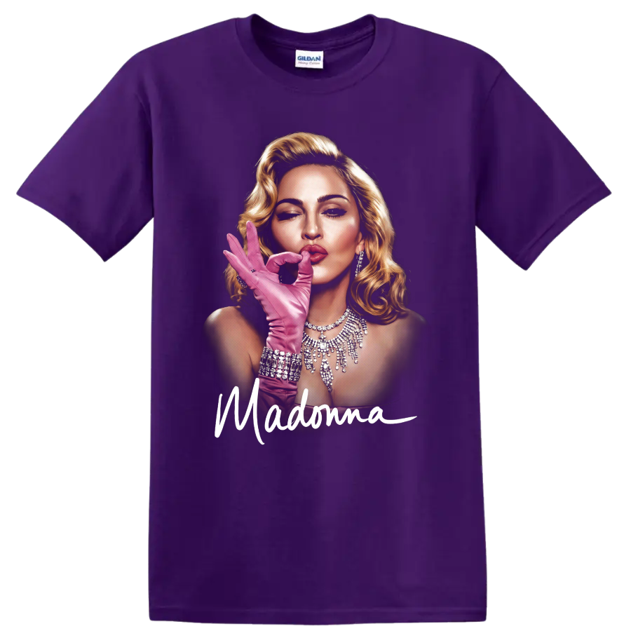 Madonna pop art portrait with pink glove and script lettering on a Purple T Shirt