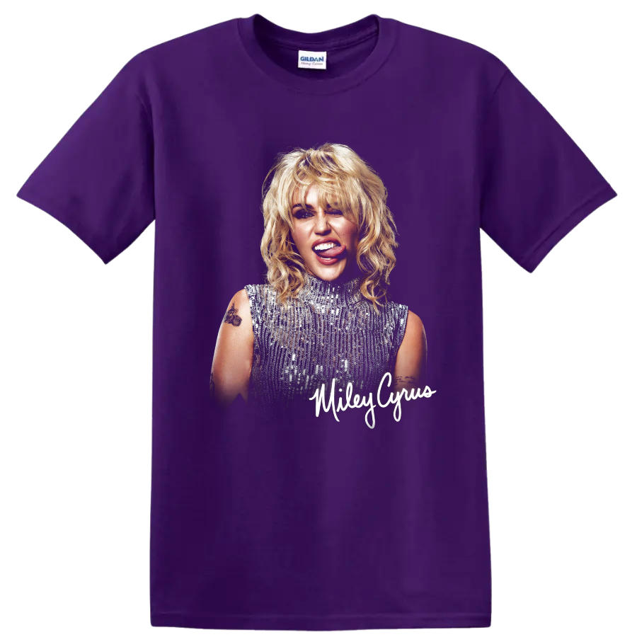 Miley Cyrus portrait with silver sequin top and signature-style name on a Purple T Shirt