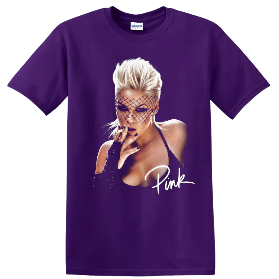 P!nk pop star portrait with aerial performer styling on a Purple T Shirt