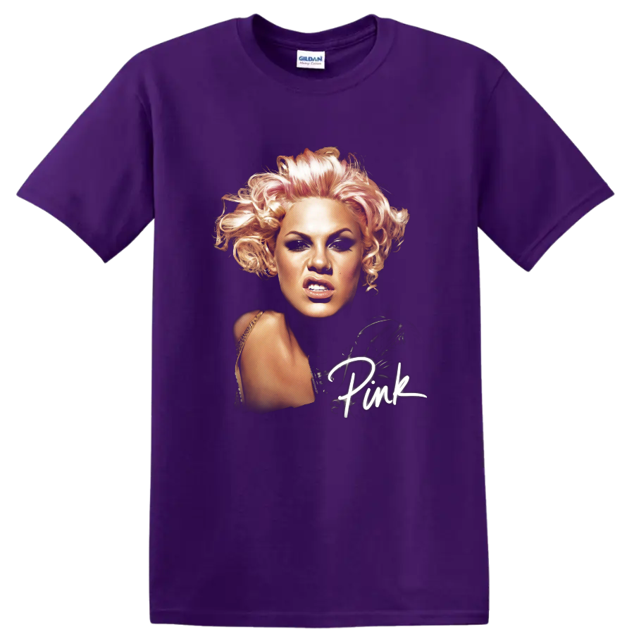 P!nk comic-book-style portrait with handwritten Pink script lettering on a Purple T Shirt