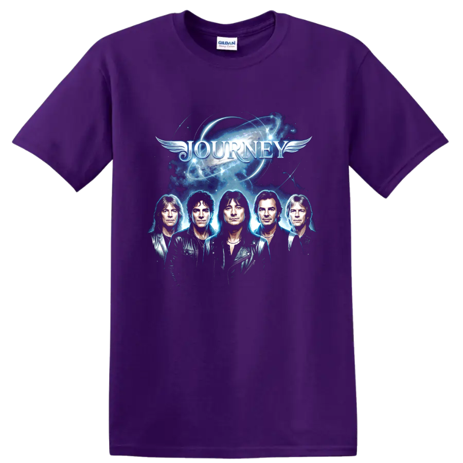 Journey classic rock band portraits with winged cosmic logo on a Purple T Shirt