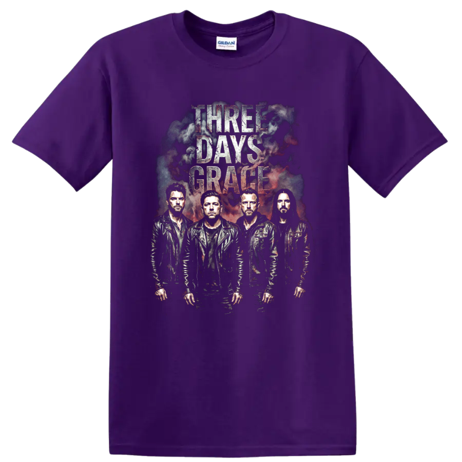 Three Days Grace vintage rock band graphic with four portraits and distressed lettering on a Purple T Shirt