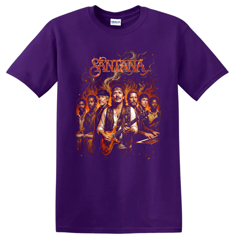 Carlos Santana and Santana Latin rock band with electric guitar and flames on a Purple T Shirt