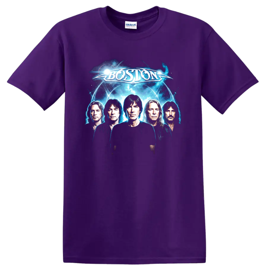 Boston rock band futuristic cosmic portrait with glowing blue energy on a Purple T Shirt