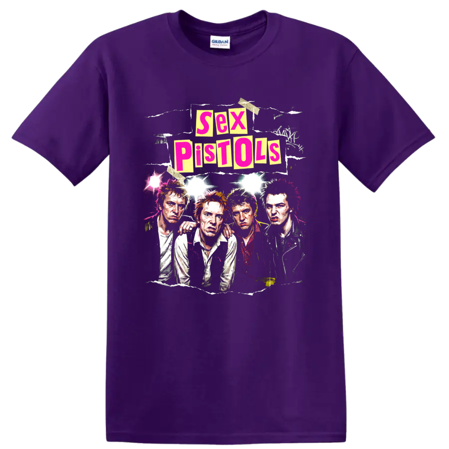 Sex Pistols punk rock band portrait collage with bold distressed lettering on a Purple T Shirt