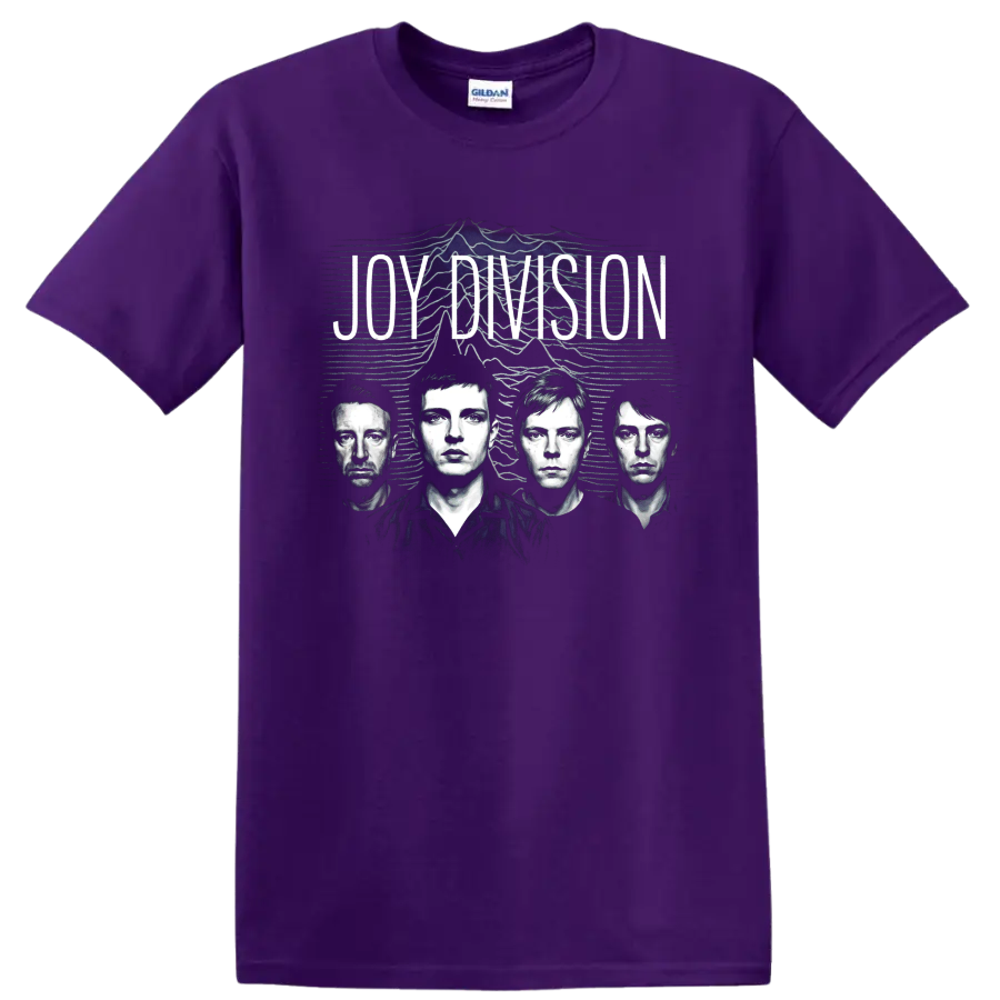Joy Division post-punk graphic with four monochrome band portraits on a Purple T Shirt