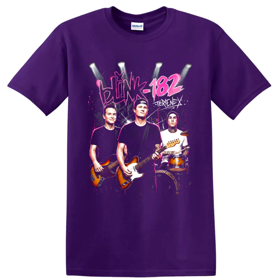 Blink-182 Tom DeLonge rock band graphic with guitars and drummer on a Purple T Shirt