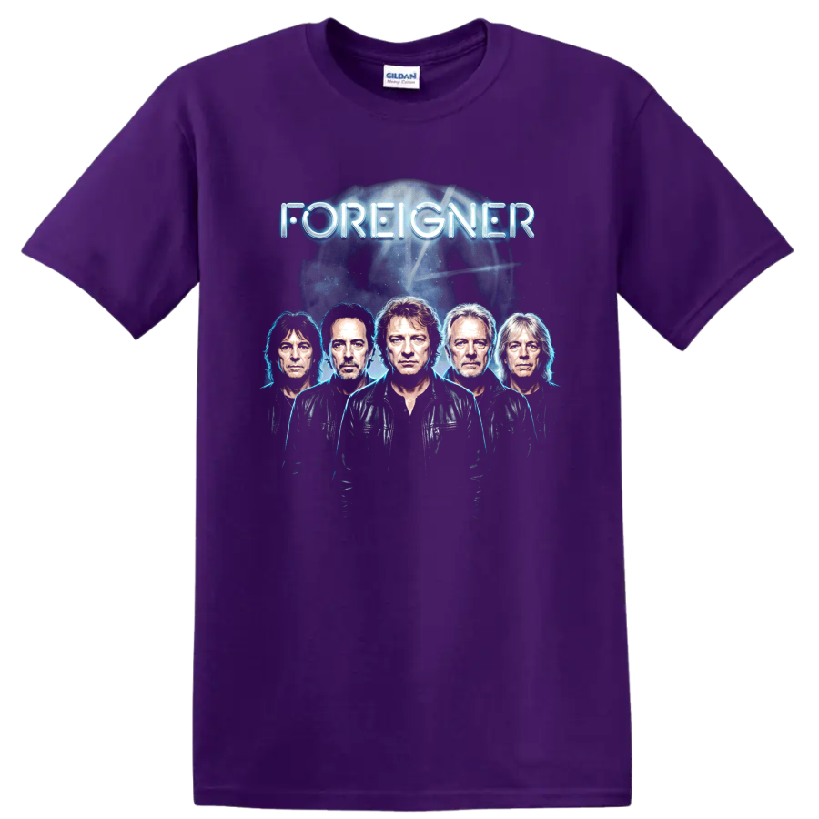 Foreigner classic rock portrait graphic with glowing blue lettering on a Purple T Shirt