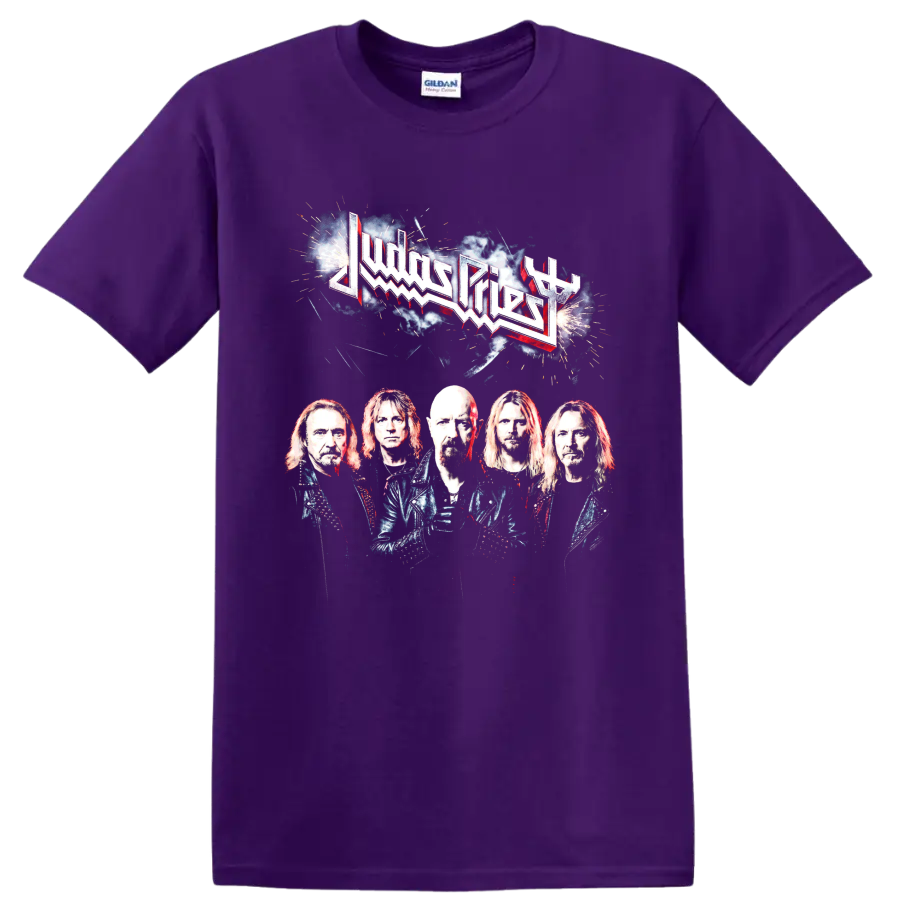 Judas Priest heavy metal band logo and portrait graphic print on a Purple T Shirt