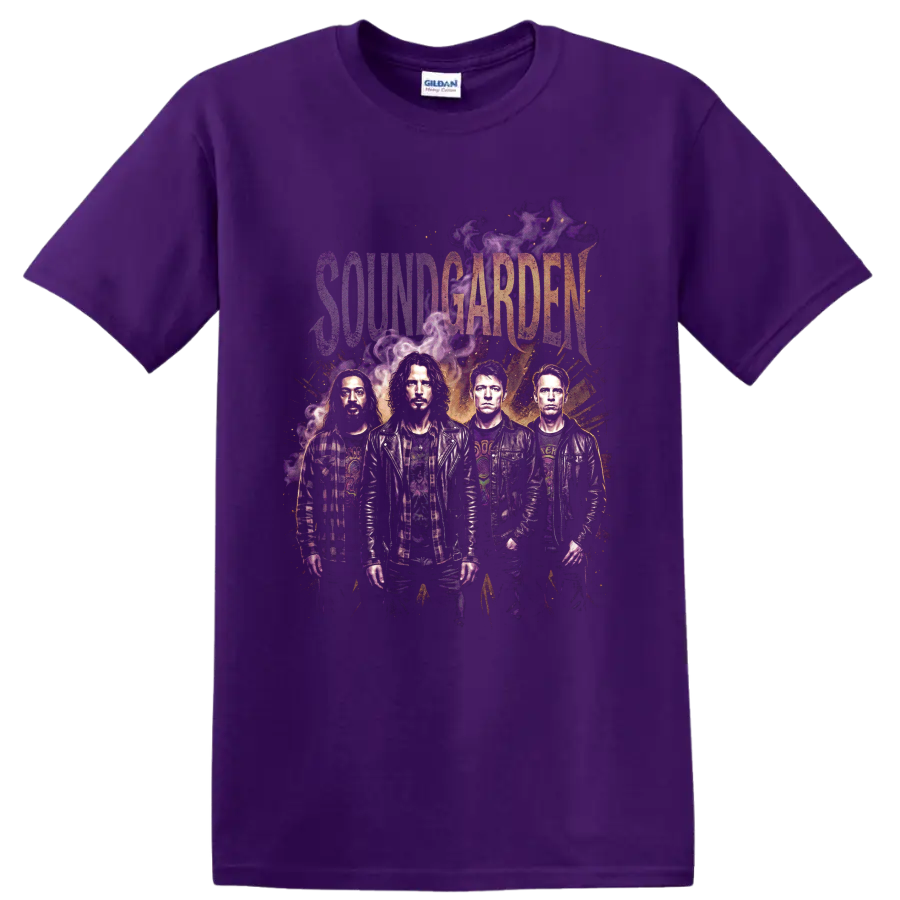 Soundgarden grunge band portrait with purple smoke and distressed lettering on a Purple T Shirt