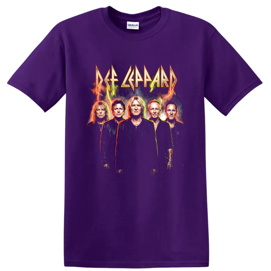 Def Leppard five-member portrait with angular lettering and lightning graphic on a Purple T Shirt