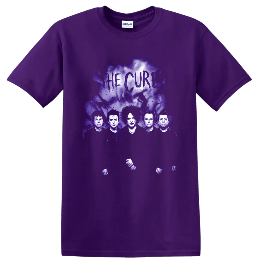 The Cure Robert Smith gothic rock band portrait with purple smoke on a Purple T Shirt
