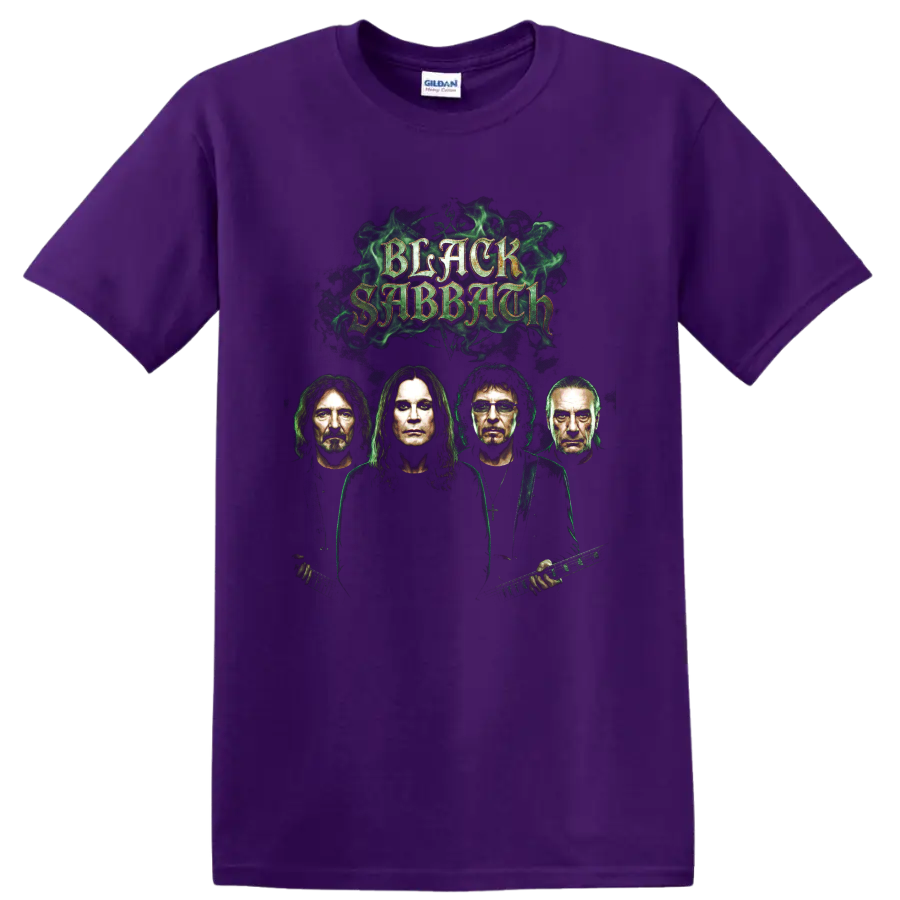 Black Sabbath Bloody Sabbath-inspired gothic band portrait graphic with green smoke on a Purple T Shirt