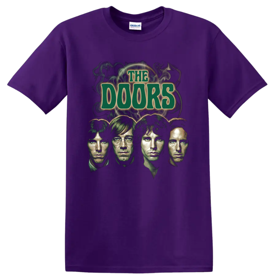 The Doors psychedelic rock graphic with four portraits and smoke on a Purple T Shirt