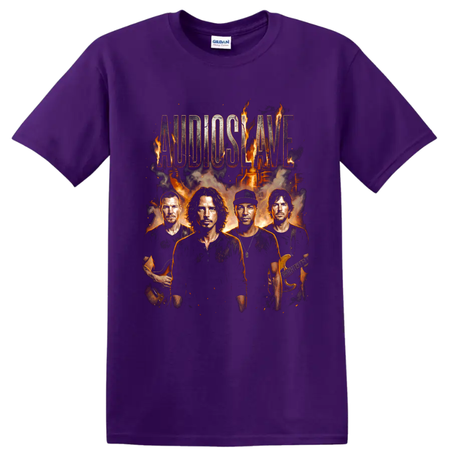 Audioslave rock band portrait graphic with flames, guitars, and distressed lettering on a Purple T Shirt