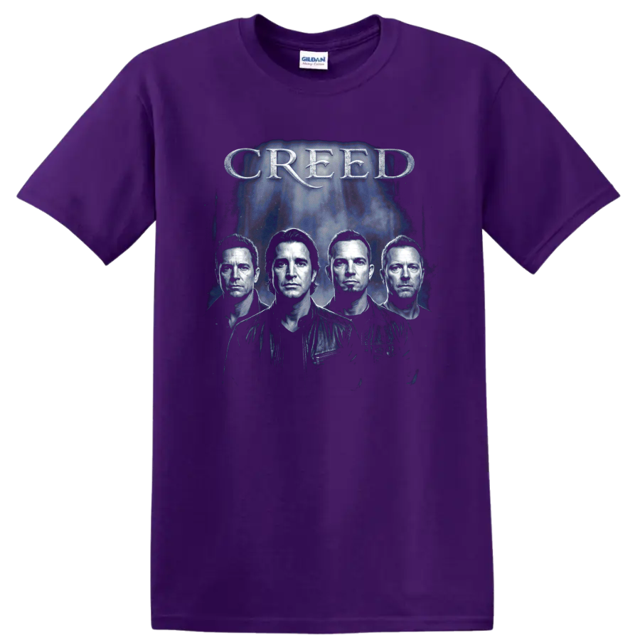 Creed band portrait graphic with metallic CREED lettering on a Purple T Shirt