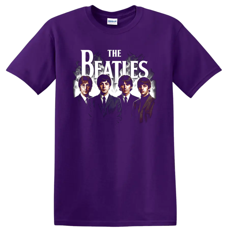 The Beatles classic rock portrait graphic with bold distressed lettering on a Purple T Shirt