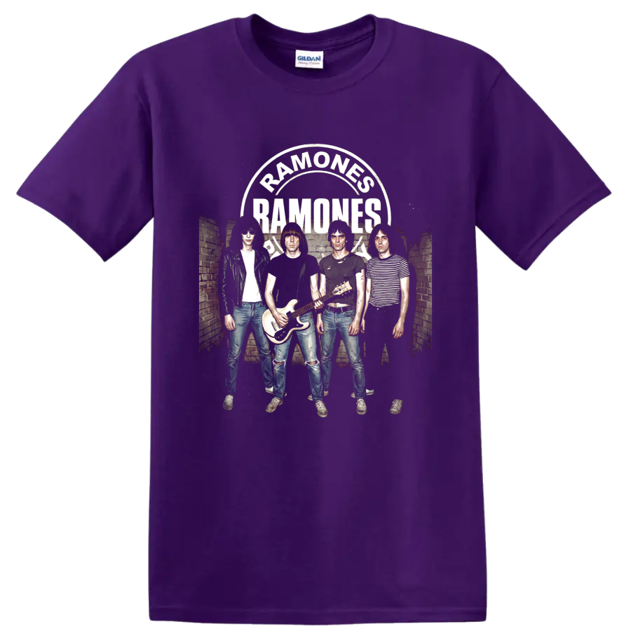 Ramones Road to Ruin distressed punk rock band graphic with arched lettering on a Purple T Shirt