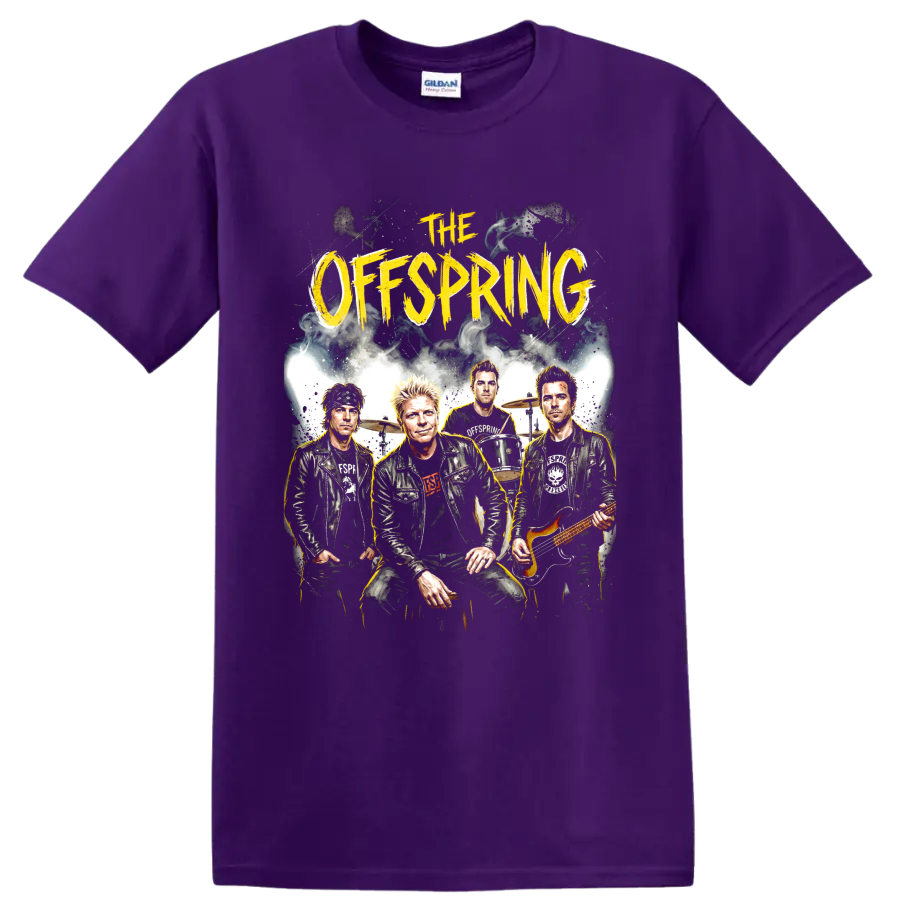 The Offspring punk rock band portrait graphic with yellow lettering on a Purple T Shirt