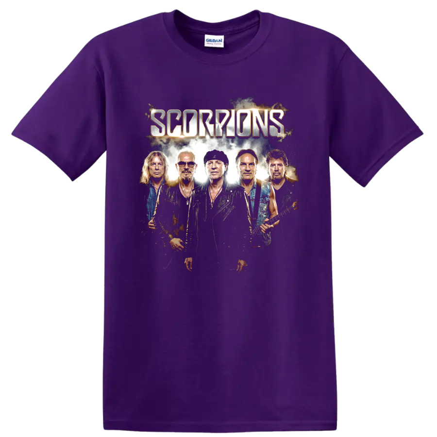 Scorpions band portrait with metallic lettering and electric guitars on a Purple T Shirt