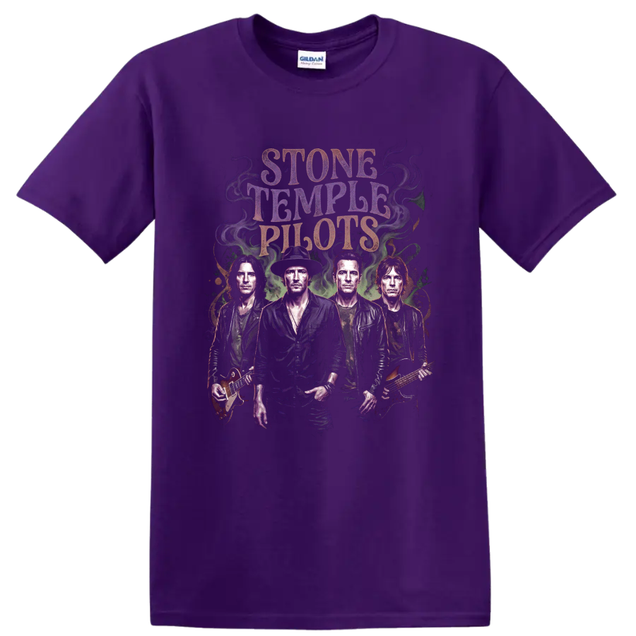 Stone Temple Pilots alternative rock band portrait graphic with guitars on a Purple T Shirt