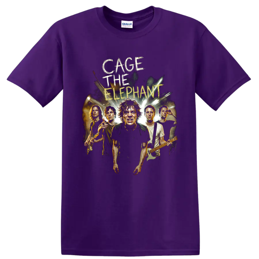 Cage the Elephant band poster with musicians, guitars, and stage lights on a Purple T Shirt
